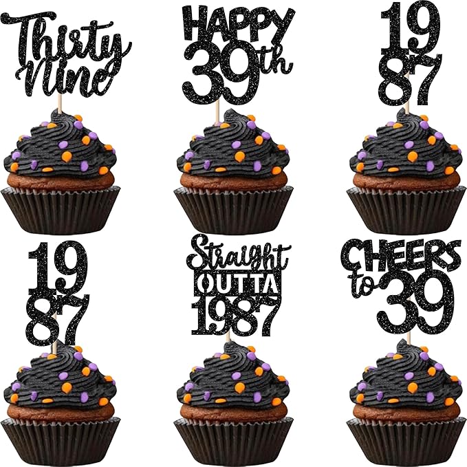 30PCS Black 39th Birthday Cupcake Toppers Glitter Thirty Nine Happy 39th Straight Outta 1987 Cupcake Picks for Cheers to 39 Years Birthday Wedding Anniversary Party Cake Decorations Supplies