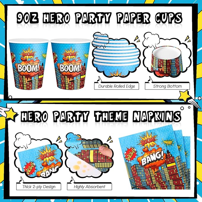 Zhehao 210 Pcs Christmas Hero Party Supplies Serves 30, Hero Themed Paper Plates Napkins Cups and Tableware Sets for Birthday Baby Shower Party Supplies Decor(Blue)