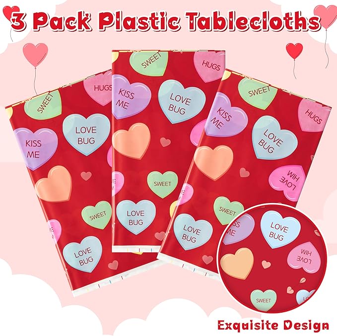Valentine’s Day Table Cover - 3 Packs Valentine’s Day Themed Waterproof Disposable Plastic Tablecloth Rectangle Table Cloths School Holiday Party Favors Classroom Decoration Supplies Banner