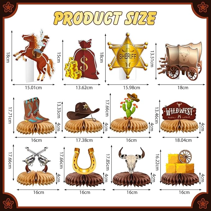 12 Pcs Western Cowboy Party Decorations Honeycomb Centerpieces - Double-Sided 3D Table Toppers for Wild West Theme, My First Rodeo Birthday, Nashville Bachelorette & Baby Shower Supplies