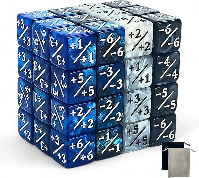 Luck Lab MTG Magic Life Counter Dice, 48 PCS - Compatible w/Magic Card Game Accessories, CCG Creature Stats w/ 2 Dice Bags (Blue Pearl, Blue Swirl, White Pearl, Black Pearl)