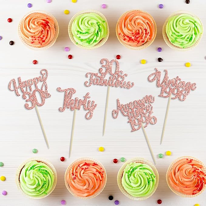 30Pcs Vintage 1995 Cupcake Toppers Glitter Thirty 30 Fabulous Happy 30th Birthday Cupcake Picks Cheers to 30 Years for 30th Birthday Anniversary Party Cake Decorations Supplies Rose Gold