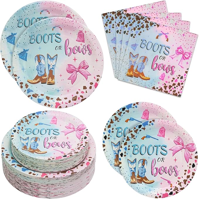 180Pcs Boots Bows Gender Reveal Birthday Party Supplies Serves 60，Gender Reveal themed Party Paper Plates and Napkins Set for Baby Shower Cowboy Boy or Girl Birthday Party Decorations.