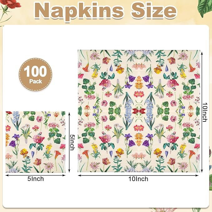 100 Pcs Floral Paper Napkins, 2-Ply Vintage Wildflower Cocktail Napkins Retro Decorative Decoupage Napkin Spring Dessert Beverage Napkin for Tea Party, Wedding, Birthday