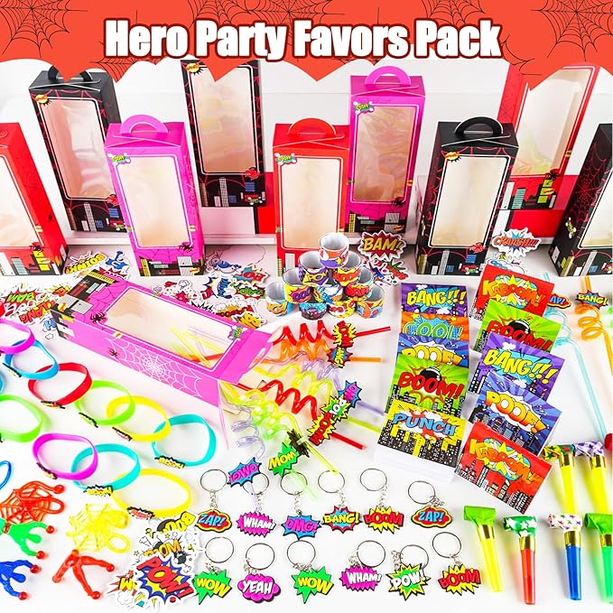208Pcs Spider Party Favors - 12 Guests Set Include Goodie Box Straw Mini Notebooks Slap Bracelets Keychain Blowers Stickers Sticky hands Toy, for Carnival Classroom Prizes Birthday Party Gift