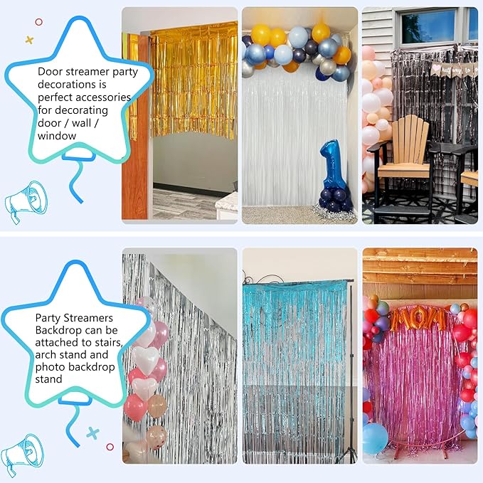 Gold Foil Fringe Backdrop Curtains 2 Pack 3.3x8.2 Ft Tinsel Streamer Fringe Backdrop Door Streamers for New Years Eve Decoration Graduation Birthday Baby Shower Gender Reveal Disco Party