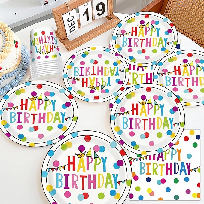 Birthday Plates & Napkins Party supplies - 175Pcs Happy Birthday Paper Plates and Napkins Sets, Disposable Happy Birthday Dots Tableware Set for Boys Girls Party Decorations, Serves 25