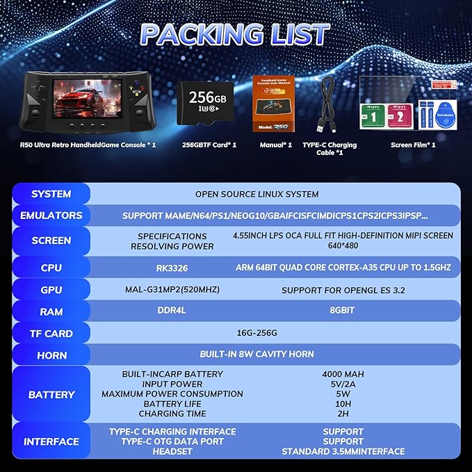 RegiisJoy R50 Ultra 50000 in 1 Handheld Game Console, 4.5 Inch IPS Screen Retro Gaming Consoles Main Emulators, Portable Mini Pocket Arcade 4000mAh Battery,256G TF Card,Linux System