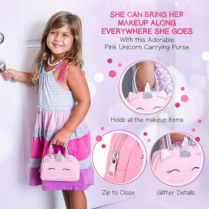 Pretend Play Makeup Kit for Little Girls with Unicorn Purse: Fake (Not Real) Make up Toy Set for Toddlers and Kids - Includes Hair and Nails Accessories, Baby Girl Toys Princess Toddler Gift Set