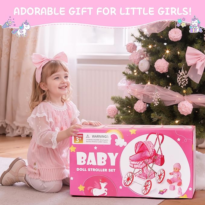 Unicorn Baby Doll Stroller Set with 11'' Baby Doll, Foldable Doll Stroller, Playpen, Dining Chair and 24 PCS Baby Doll Accessories, Doll Playset Toy for Girls Toddlers 3-5 4-6 Birthday Gifts