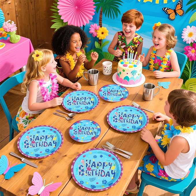 96Pcs Hawaiian Birthday Decorations Tropical Luau Blue Cartoon Plates and Napkins Tableware Sets Hawaii Hibiscus Party Decorations Favors for Summer Aloha Beach Pool Holiday Party Supplies Serves 24