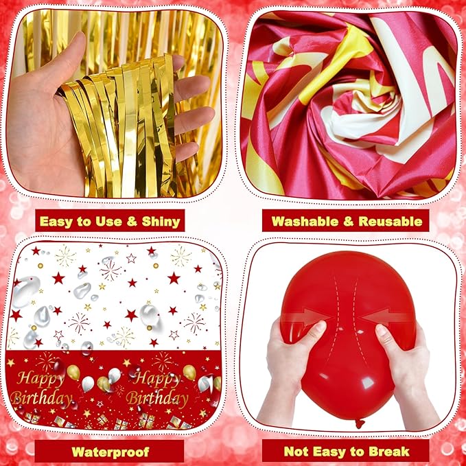 Red and Gold Birthday Decorations for Women Men, 72 Pcs Happy Birthday Banner Backdrop For Boys Girls Red Balloons Arch Kit Tablecloth Confetti Bday Party Supplies Indoors & Outdoors