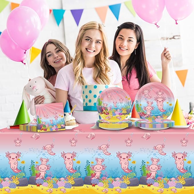 chiazllta 24 Guests Pink Axolotl Party Decoration Axolotl Birthday Party Supplies Favors Reptile Animals Tableware Set Disposable Plates Napkin Tablecloths for Axolotl Girl Decor 98 pcs