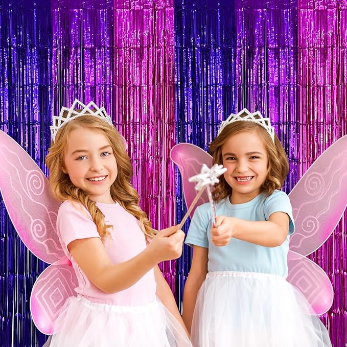 4 Pack Purple Pink Foil Fringe Curtains Streamers Backdrop for Music Themed Party Decorations, Girls Butterfly Birthday Party Decorations Supplies