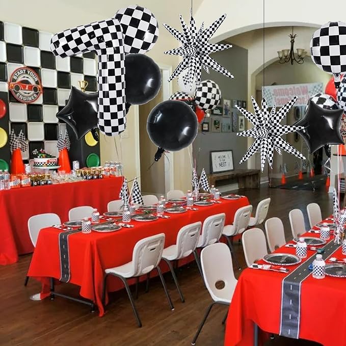 TONIFUL 40 Inch Checkered 7th Birthday Balloons Set Number 7 Race Car Black White Checkered Round Explosion Star Balloons Boys Race Car Themed Birthday Party Decoraction