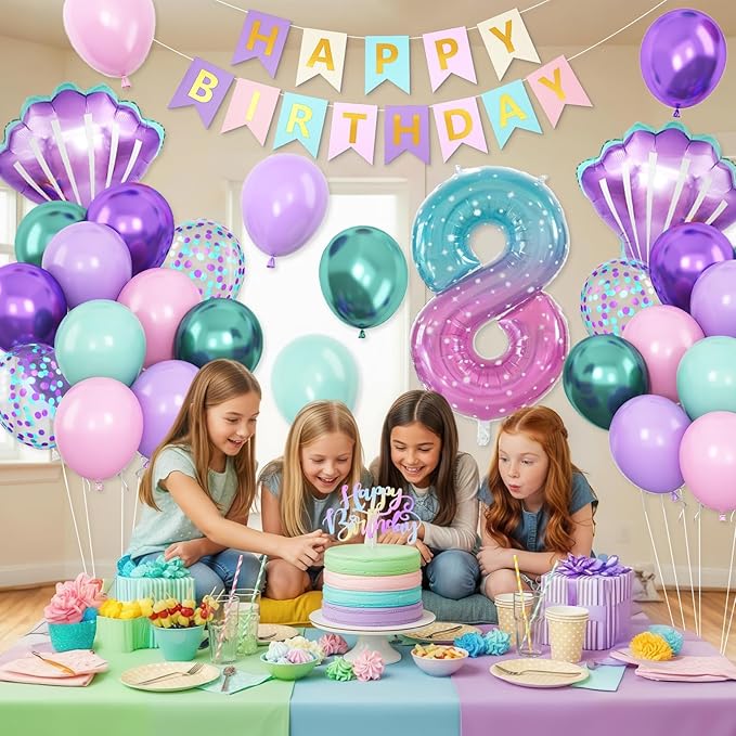 8th Mermaid Birthday Decoration,Metallic Purple Pink Green Blue Latex Balloons for Girls Party Decoration Number 8 Seashell Foil Balloons Banner Cake Topper Sea Decoration