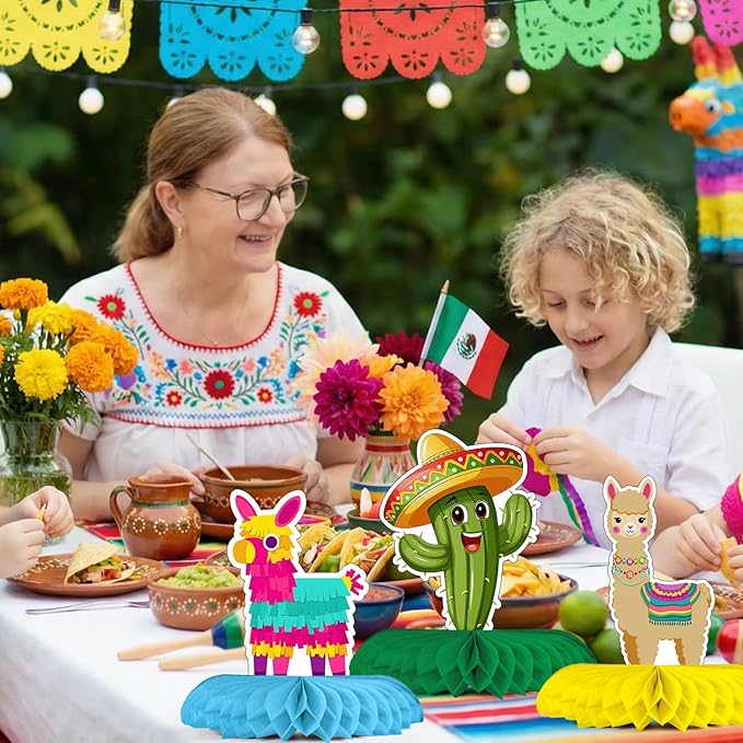 Horaldaily 10PCS Mexican Fiesta Party Table Decoration Centerpieces, Cinco De Mayo Taco Twosday Honeycomb Centerpieces Table Toppers for Home Classroom School Boys Girls Baby Shower Birthday Supplies