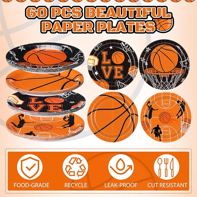 60 Pcs Basketball Paper Plates 9 Inch Sports Theme Birthday Disposable Plates for Kids Boys Adults Game Day Basketball Birthday Team Party Decorations Supplies