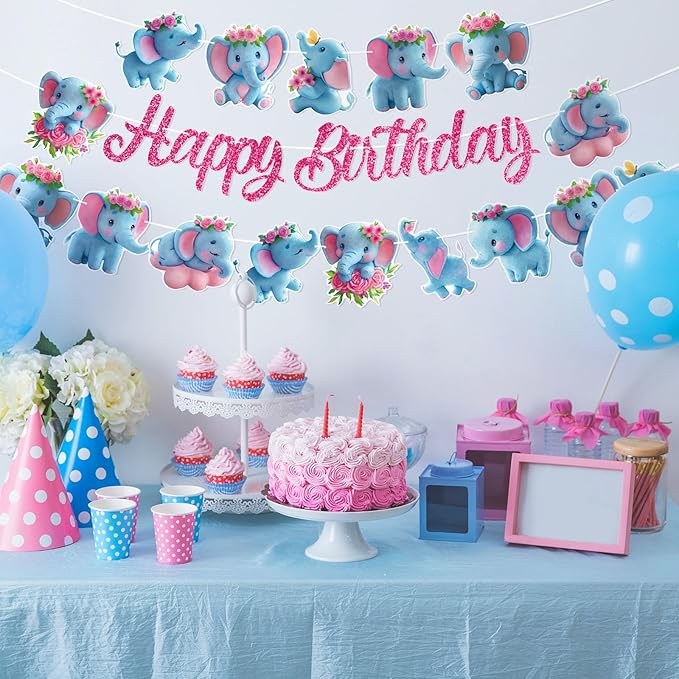 Elephant Party Banners 3Pcs Happy Birthday Garland Jungle Elephant Banners for Boy Girls Theme Baby Shower Birthday Party Supplies