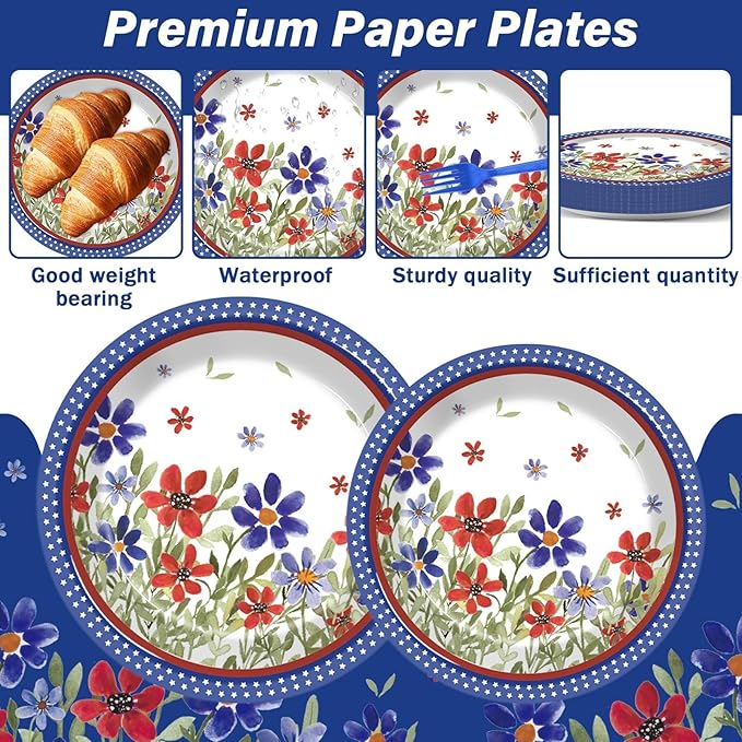 96Pcs American 4th of July Independence Party Plates and Napkins Patriotic Party Decorations Memorial Days Dessert Plates Poppy Flower Tableware for 24 Guests Labor Veterans Days Party Supplies