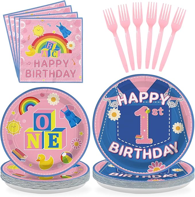 96Pcs 1st Birthday Party Decorations Girls Pink Cartoon Teaching Plates and Napkins Cartoon English Teacher Theme Tableware Set for Girl Birthday Baby Shower Party Supplies，Serves 24