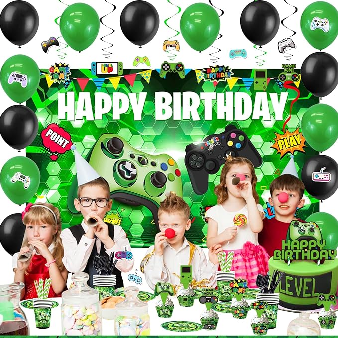 Green Gamer Birthday Party Decoration - 217Pcs Video Game Gaming Party Supplies For Boys Birthday Party - Backdrop, Table Cover, Plates, Cups, Napkins, Utensils, Hanging Swirls, Cupcake Topper, Cake