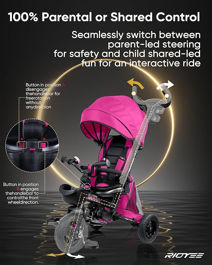 7-in-1 Folding Toddler Tricycle for 18 Months to 5 Years, Tricycle Stroller with Dual Brakes, All-Terrian Rubber Tire, Tricycle for Toddlers with Rotatable Seat, Adjustable Push Handle, Pink