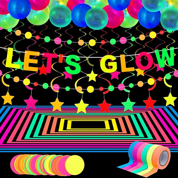 Chuangdi 44 Pcs Neon Birthday Party Decoration Glow in The Dark Party Supplies Includes Let's Glow Banner Star Hanging Swirl Fluorescent Balloons UV Black Light Reactive Tape Neon Dots