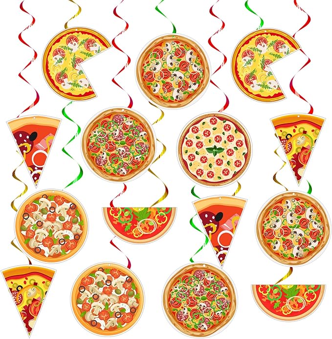 Teling 48 Pcs Pizza Party Decorations Hanging Swirls, Turtle Pizza Theme Birthday Supplies for Adult, Italian Food Party Ceiling Streamers for Classroom & Family Gathering