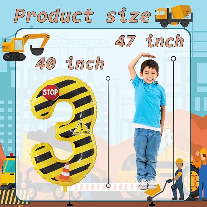 40 Inch Giant Construction Theme Number Balloons - Large Number 3 Balloons Yellow and Black Striped for Kids' Construction Birthday Anniversary Party Decorations Supplies Number 2-4 Balloon