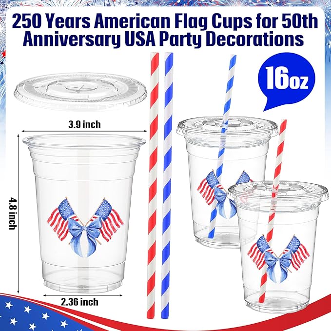 50 Pcs 16 oz 4th of July Cups Bulk Patriotic Party Favors Plastic Tumblers Red White and Blue Independence Day Disposable Party Supplies USA Memorial Drinking Cups for Coffee Juice Beverage