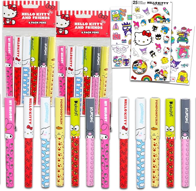 Hello Kitty Pens Party Favors Set - Bundle with 12 Hello Kitty and Friends Pens Plus Stickers, More | Sanrio Party Supplies for Girls