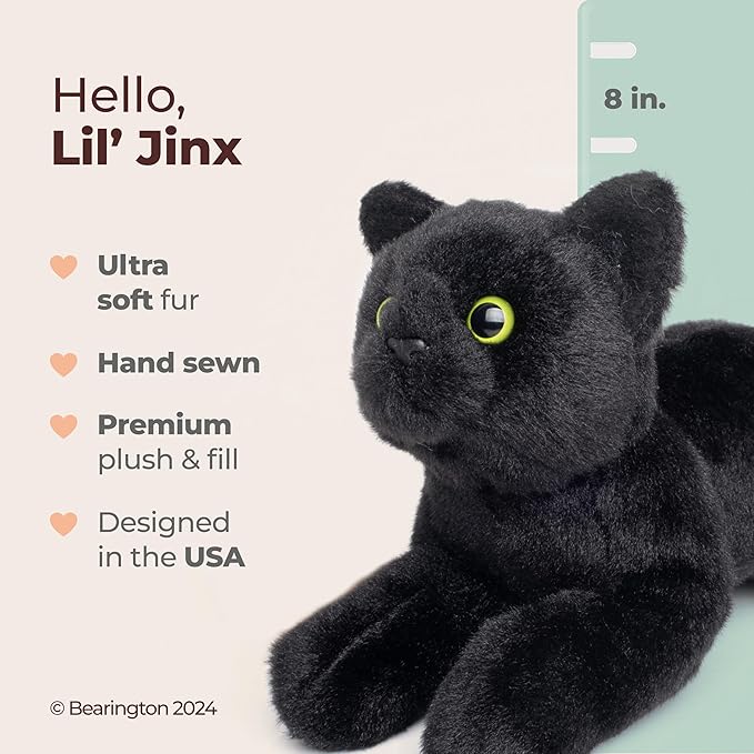 Bearington Lil' Jinx Black Cat Plush - 8" Realistic Black Cat Stuffed Animal Toy with Soft Fur and Lifelike Details - Adorable Kitty Plushies Gift for Kids, Toddlers, and Animal Lovers