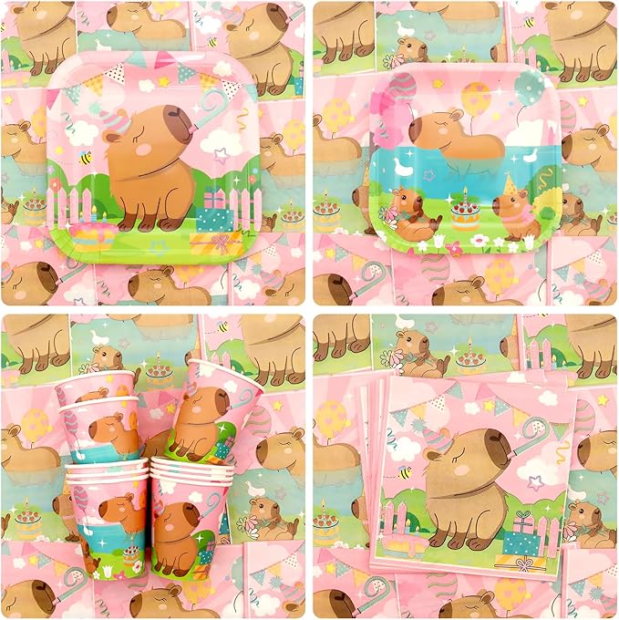 Pink Capybara Birthday Party Decorations - Capybara Party Supplies including Banner, Plate, Cake Topper, Cup, Napkin, Balloon, Tablecloth - Serves 20