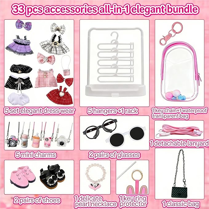 5-Set Elegant Clothes Bundle for Doll, Includes 5 Mini Hangs, Large Clear Display Bag with Strap Keychain, 5 Hangers and Rack, Bag, Glasses, Necklace, Shoes Accessories for Dressing up(No Doll)