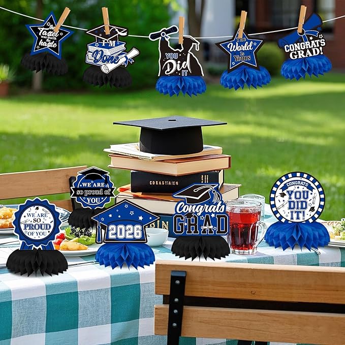 10 PCS Graduation Party Decorations Class of 2026,Blue and Black Congrats Grad Honeycomb Centerpiece Congratulate Graduation Table Topper Decor for Graduation Party Favor Supplies