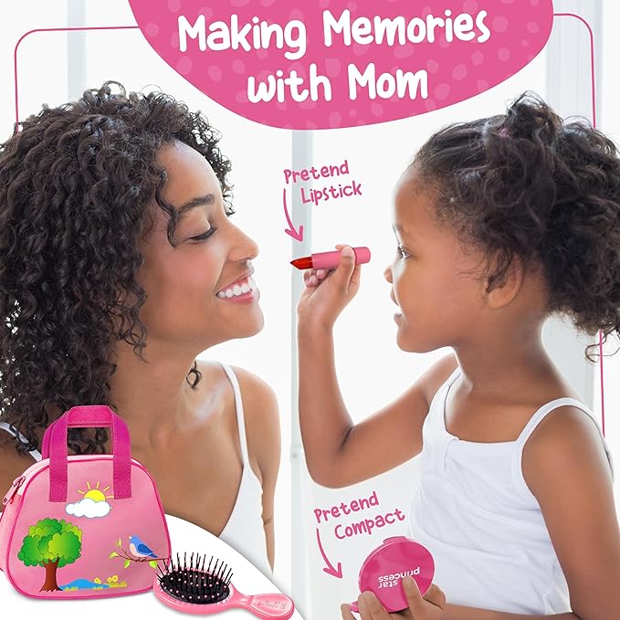 Toddler Play Purse for Kids with Accessories, Toys for Girls with Pretend Makeup, Keys, Smartphone, Dress Up Toy Purse for Toddlers and Kids - Birthday Gift for Little Toddler Girls Ages 3 4 5 6, Pink
