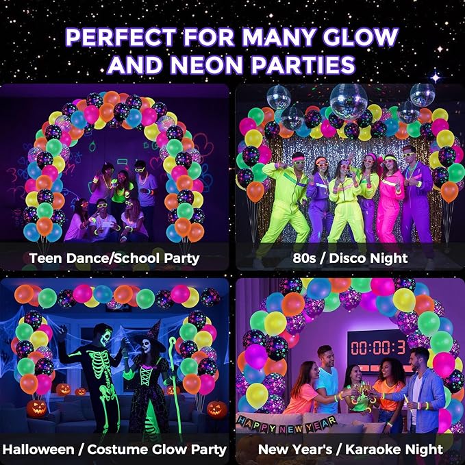 LovesTown 66PCS UV Neon Glow Party Set, 12" Fluorescent Glow Latex Decorations with Stars for Birthday, Wedding & Party Supplies