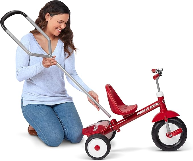 Radio Flyer Deluxe Steer & Stroll Trike, Red, for Kids 2-5, 2-in-1 Parent Steer Tricycle, Removable Push Handle, Adjustable Seat, Steel Frame, Covered Storage Bin, Tricycle for Toddlers and Kids