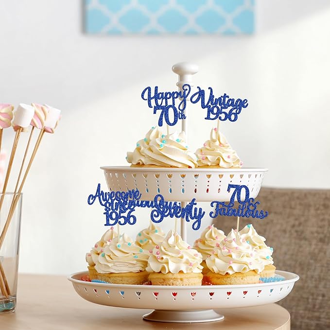 Ephlyn 30Pcs Happy 70th Birthday Cupcake Toppers Glitter Seventy Vintage 1956 Cupcake Picks Cheers to 70 Fabulous Cake Decorations for 70th Birthday Wedding Anniversary Party Supplies Dark Blue