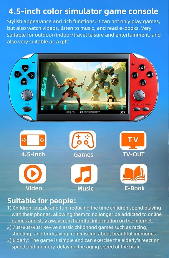 4.5 Inch Retro Game Console Multiple Simulators Built-in Free 3000 Games Support Video/Music Portable Children's Puzzle Device/Toys Electronic Game Kid's Travel Companion