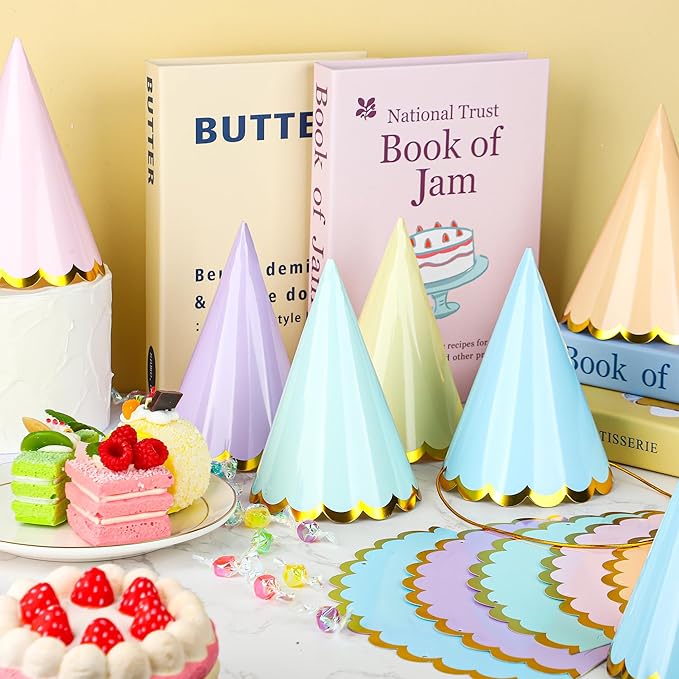 24 Pcs Pastel Birthday Party Hats Colorful Cone Birthday Hats Rainbow Cone Paper Hat with Elastic String for Baby Shower Bridal Wedding Party Supplies
