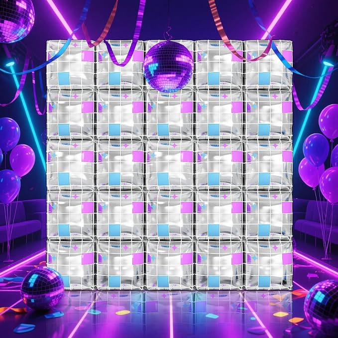 Silver Square Foil Balloon Wall,25Pcs Double Sided Balloons Backdrop Helium Polyester Balloon Tunnel Arch Garland Kit for Disco Party Birthday Bridal Anniversary Baby Shower Party Decorations