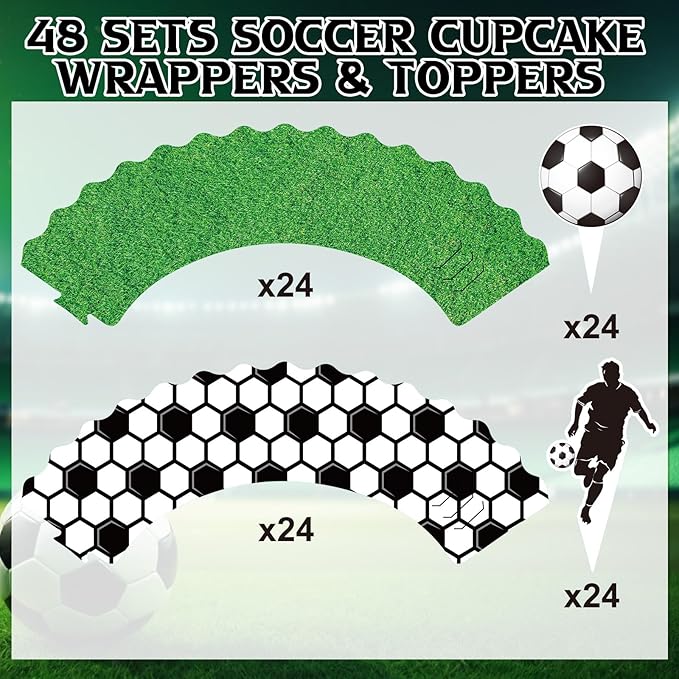 Nuenen 96 Pcs Soccer Cupcake Toppers and Wrappers Soccer Ball Birthday Party Cupcake Decorations Football Themed Cake Picks for Sports Theme Birthday Gathering Party Decoration Supplies (Game Day)