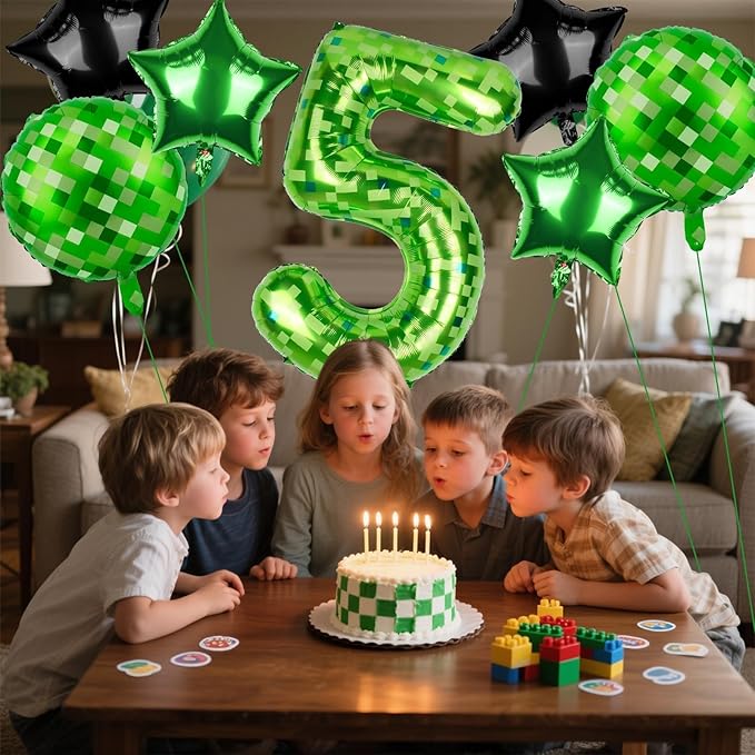 40 Inch Green Pixel Themed Number 5 Balloon Set Foil Balloon for Girls & Boys Birthday Party Decorations, Party Supplies & Favors (Number 5)