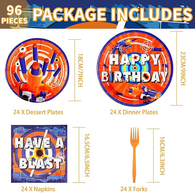 96Pcs Dart War Party Supplies Dart War Party Plates and Napkins Forks Disposable 350GSM Tableware Set for Kids Boys Birthday Party Dart War Themed Party Party Decorations,Serves 24