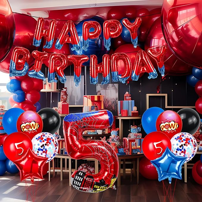 Cartoon Hero 40 Inch Red and Blue Spider Theme Number Foil Birthday Decoration Balloon, Spider Theme Happy Birthday Banner Party Decoration Balloon, Letter Logo Superhero Party Supplies (5)