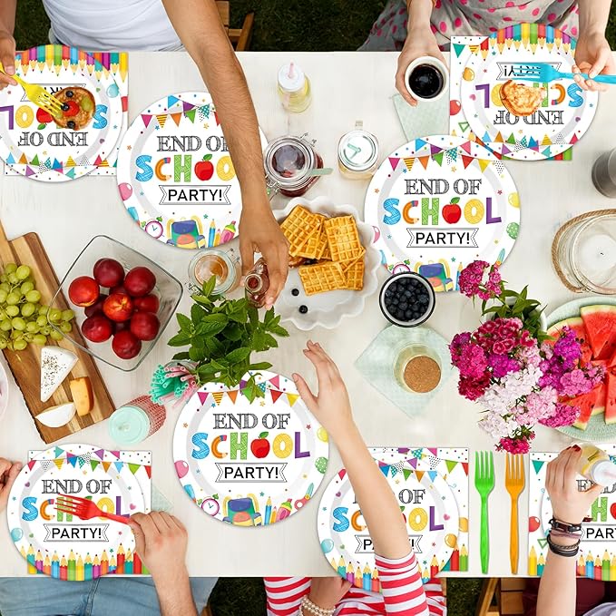 CHUNNIN 96Pcs End of School Party Paper Plates and Napkins Graduation Decorations End of School Graduate Disposable Dinnerware Tableware Set for 24 Guests Classroom Teacher Graduation Party Supplies
