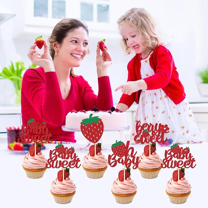 Strawberry Oh Baby Cupcake Toppers - 36PCS Glitter Baby Sweet Cupcake Decor, Strawberry Baby Shower Party Supplies