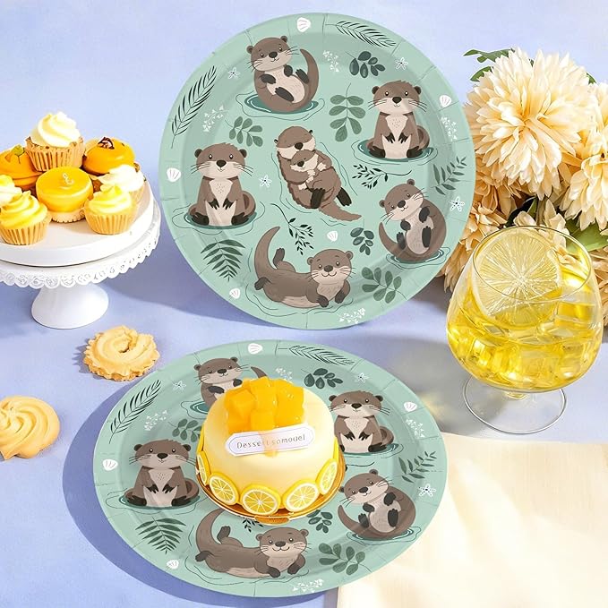 50Pcs Otter Party Supplies 7" Sea Otters Paper Plates Disposable Sea and River Little Otter Platter for Kids Birthday Baby Shower Ocean Animal Theme Party Favors
